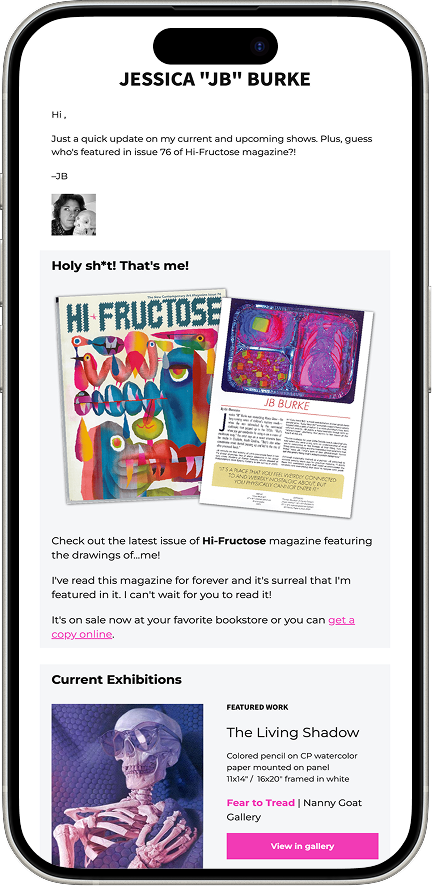 Example of a visual artist's email newsletter as seen on a mobile phone.