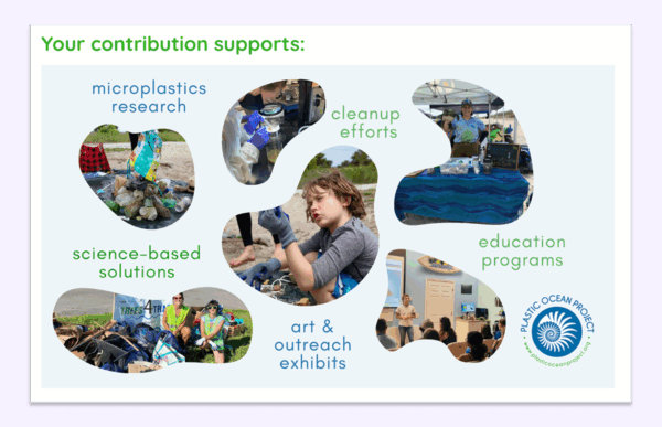Screenshot of Plastic Ocean Project website that shows six photos representing each of their program areas.