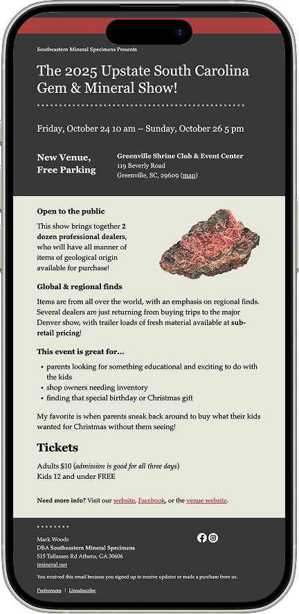 Example of an event email as seen on a mobile phone.