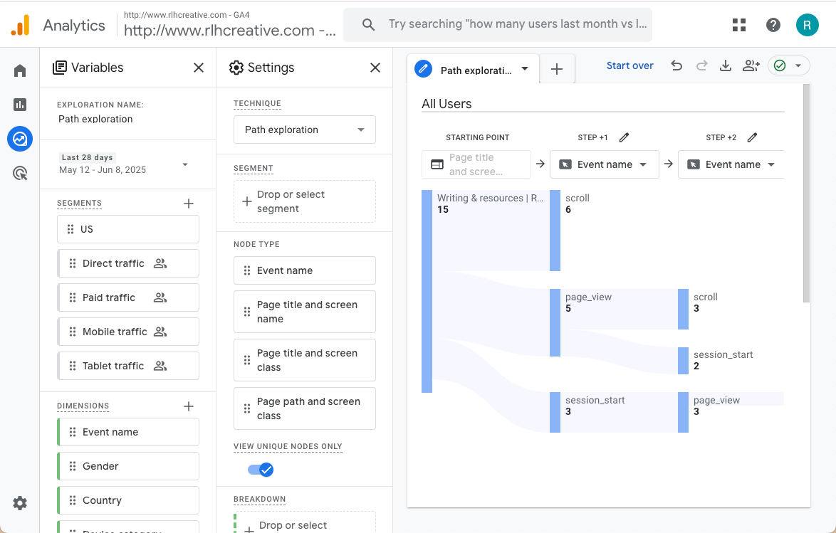 Screenshot of the path explorer in Google Analytics, showing a starting point page and the next two steps visitors took in that path.