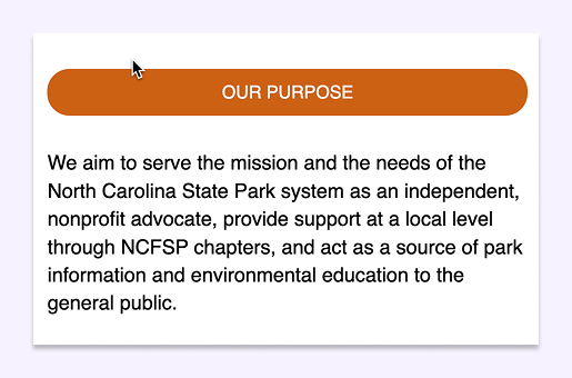 Screenshot from the NC Friends of State Parks website of text that says “We aim to serve the mission and the needs of the North Carolina State Park system as an independent, nonprofit advocate, provide support at a local level through NCFSP chapters, and act as a source of park information and environmental education to the general public.”